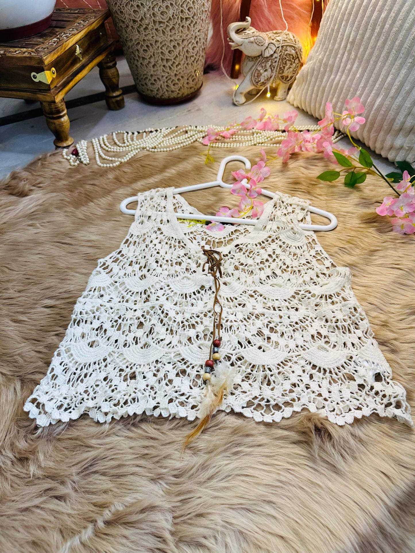 Crochet All Day Off White Boho Mesh Design Sleeveless Top