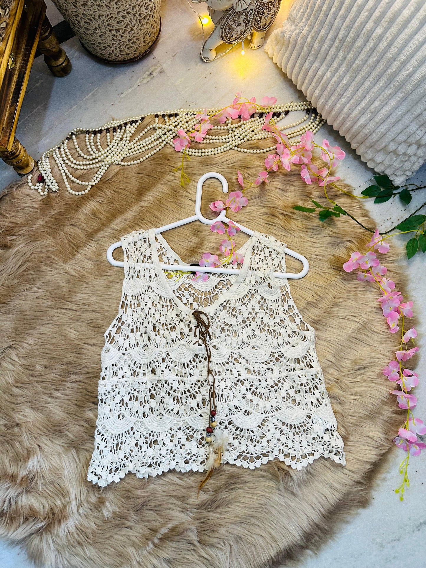 Crochet All Day Off White Boho Mesh Design Sleeveless Top