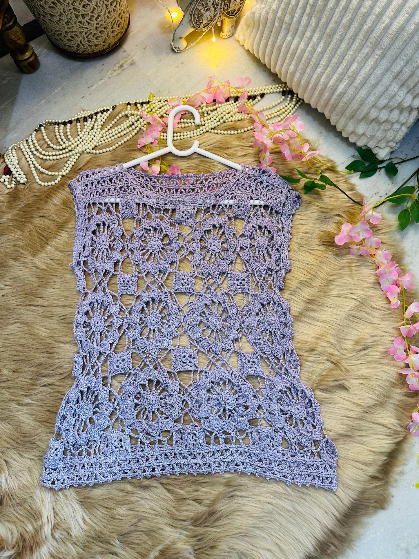 Crochet All Day Lilac Flower Mesh Top