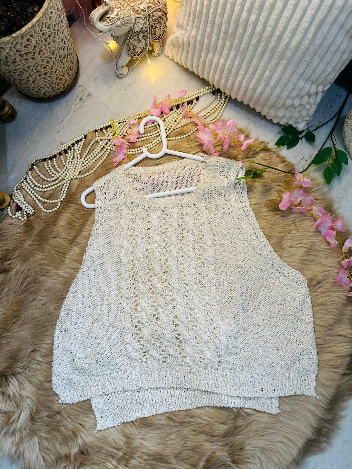 Crochet All Day Off White Sleeveless Glitter Pre Winter Top