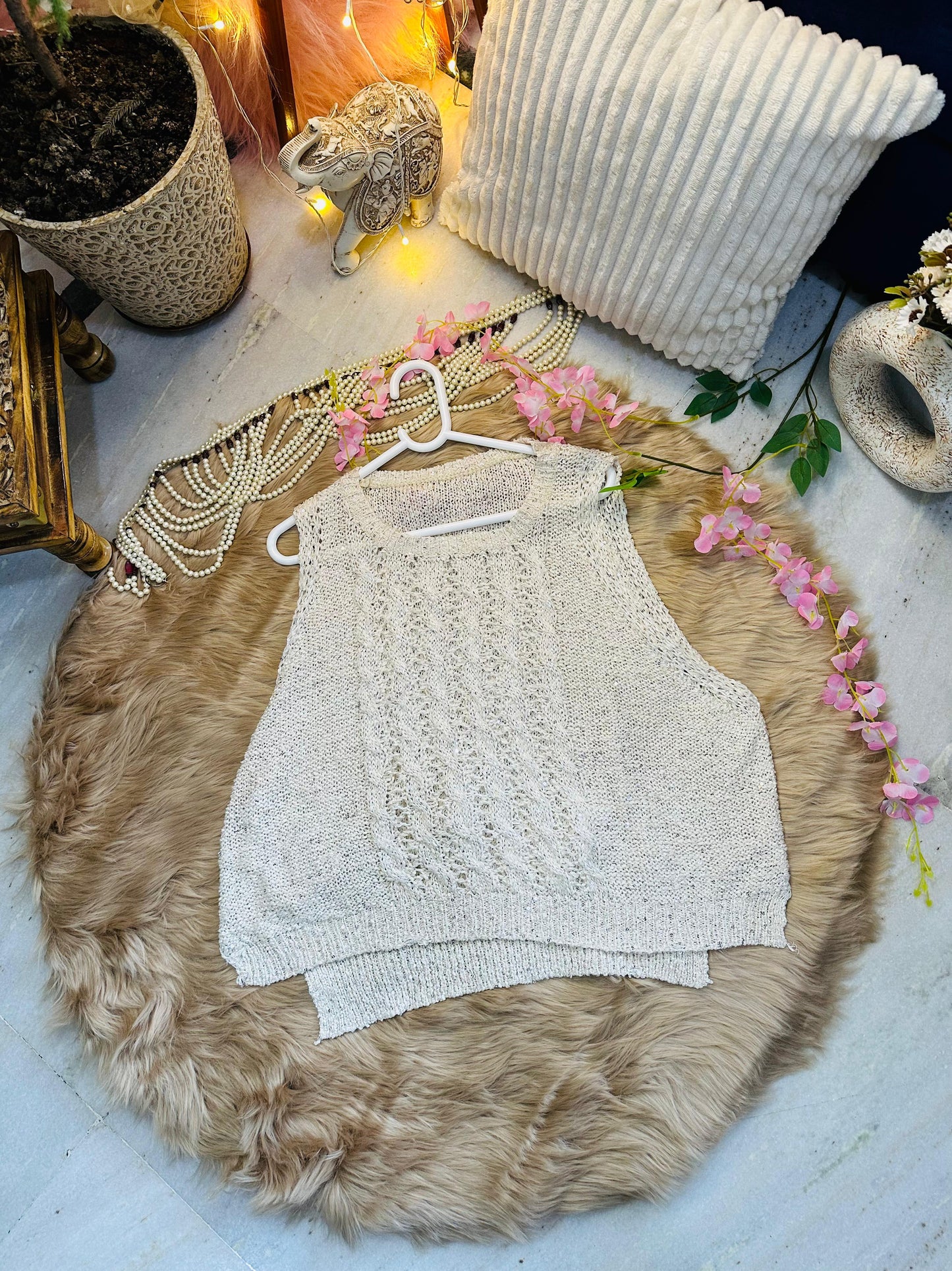 Crochet All Day Off White Sleeveless Glitter Pre Winter Top