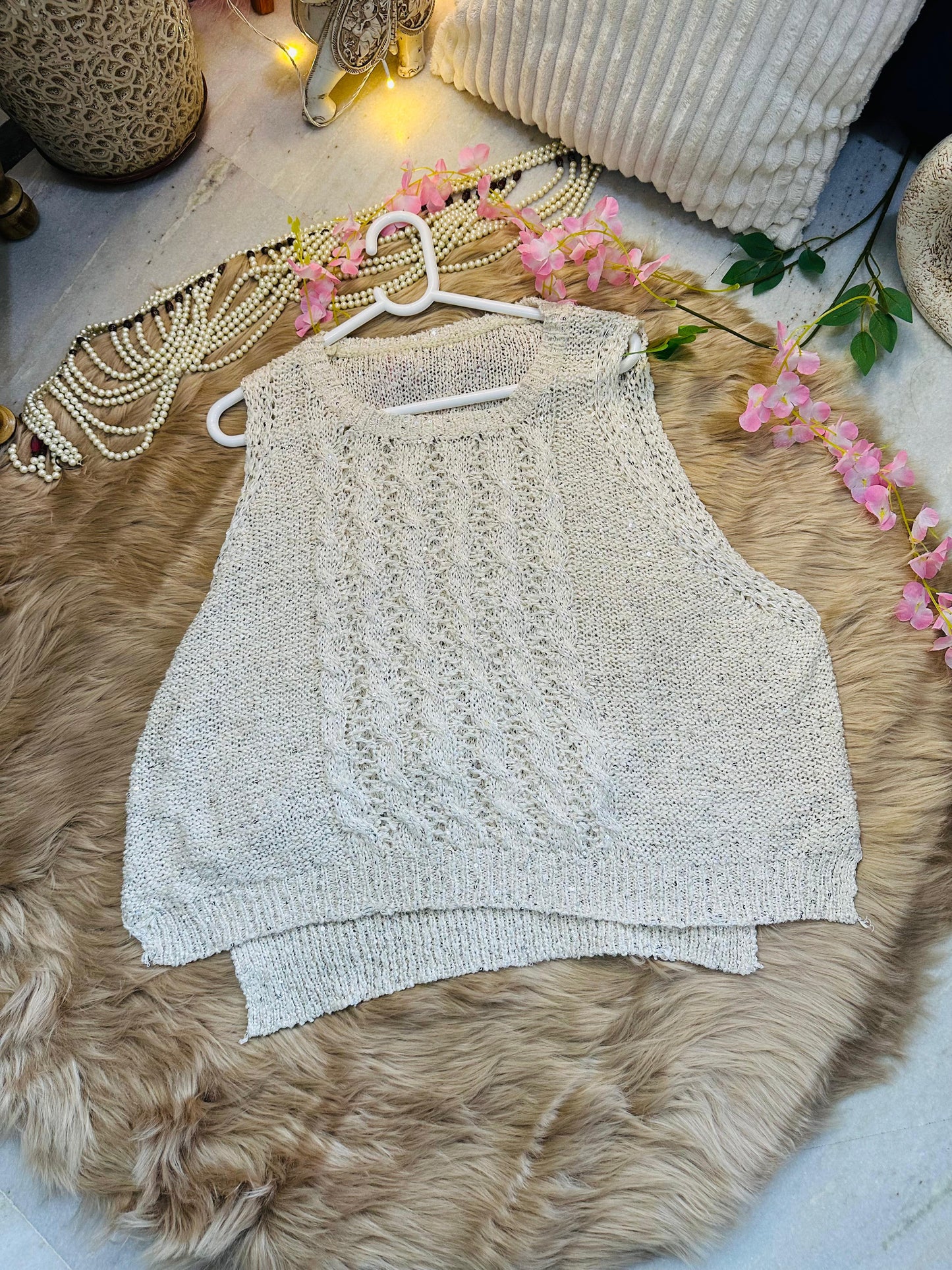 Crochet All Day Off White Sleeveless Glitter Pre Winter Top