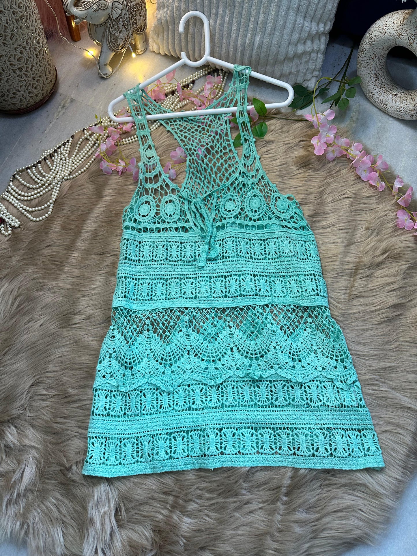 Crochet All Day Sea Green Sleeveless Tunic Top