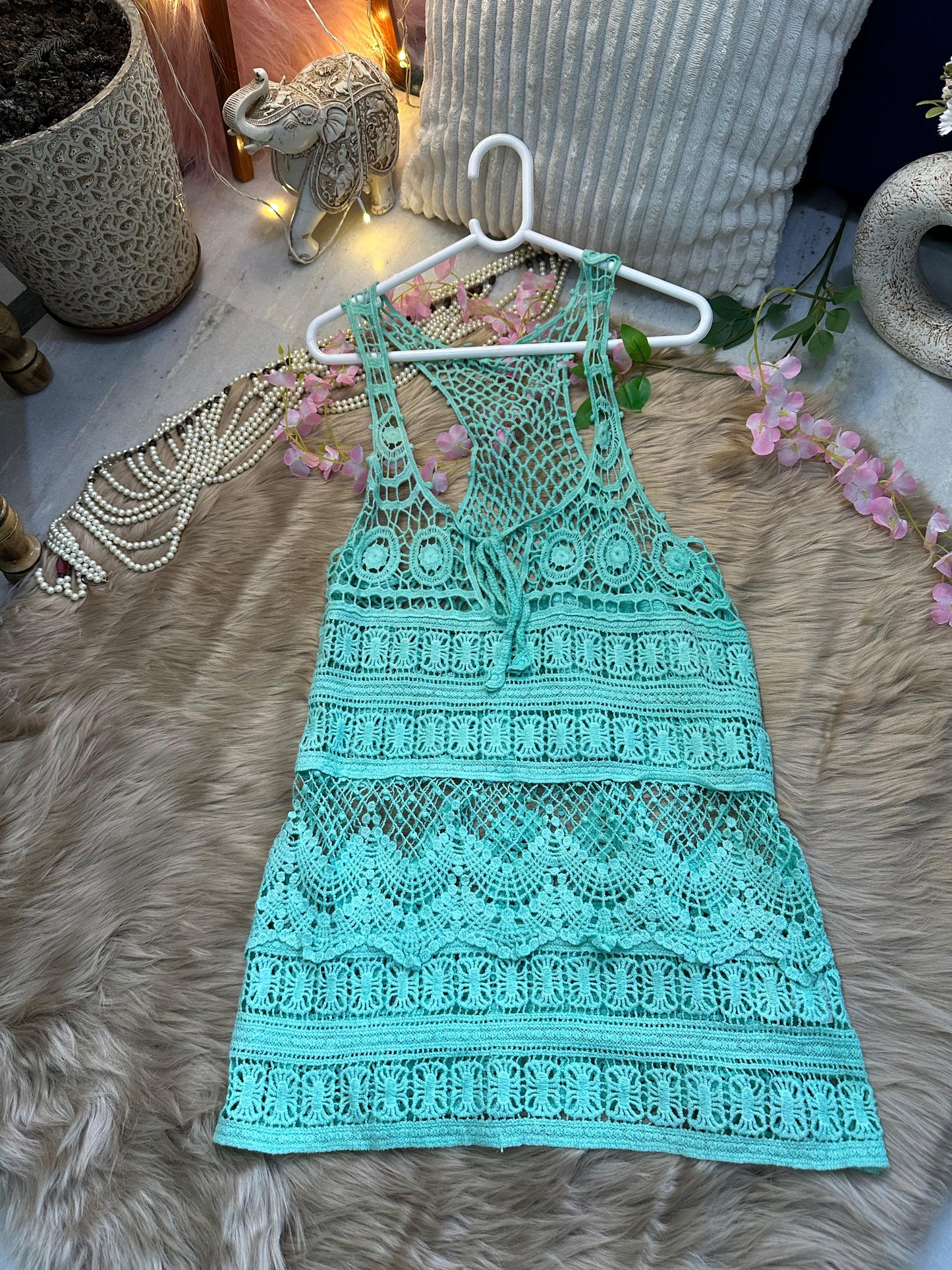 Crochet All Day Sea Green Sleeveless Tunic Top