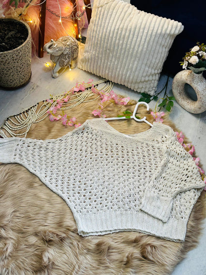 Crochet All Day Cream Full Sleeve Round Design Top