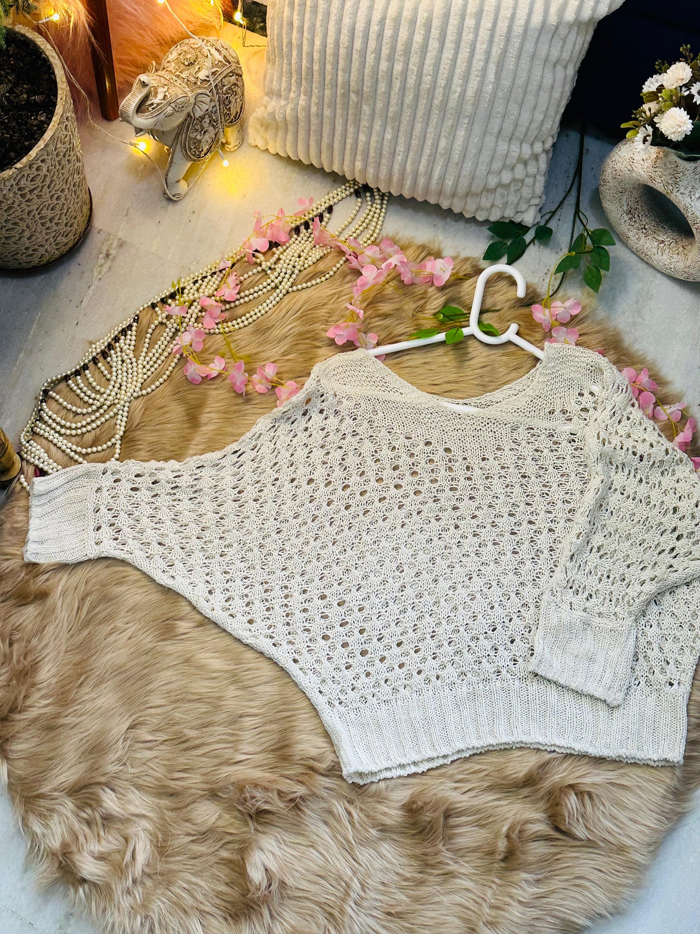 Crochet All Day Cream Full Sleeve Round Design Top