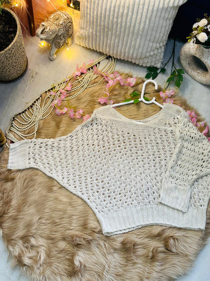 Crochet All Day Cream Full Sleeve Round Design Top