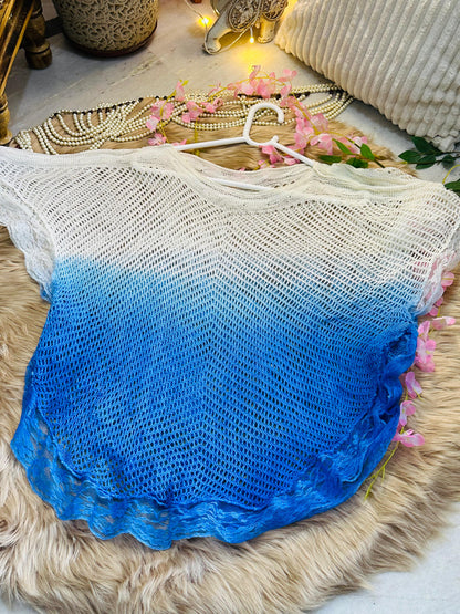 Crochet All Day Gradient Blue Butterfly Frill Poncho Top