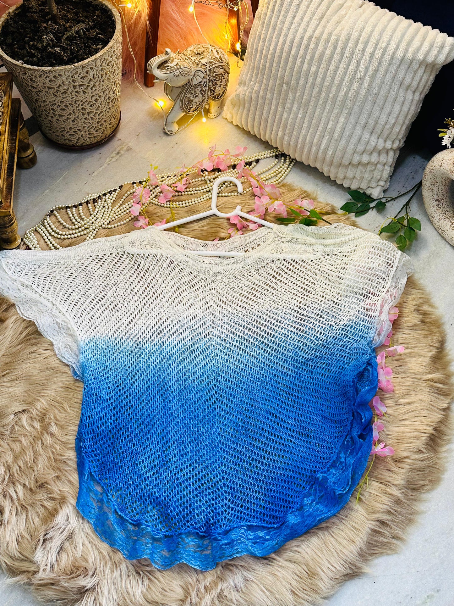 Crochet All Day Gradient Blue Butterfly Frill Poncho Top