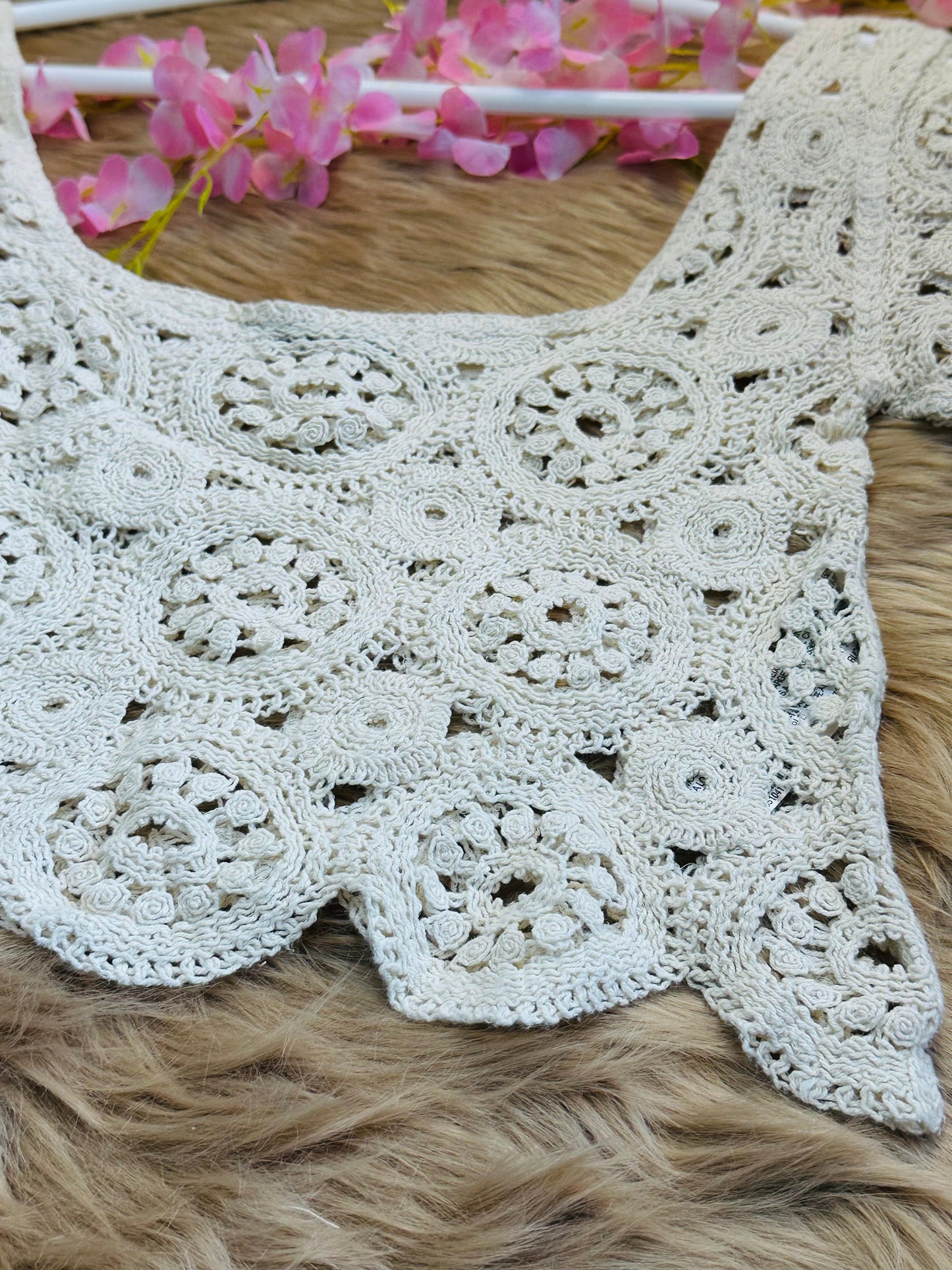 Crochet All Day Cream Mandala Mesh Cutwork Half Sleeve Top