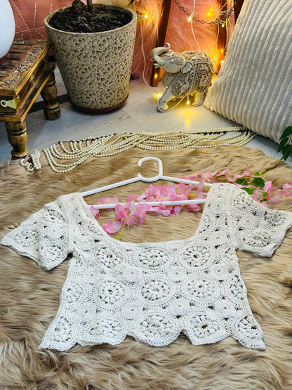 Crochet All Day Cream Mandala Mesh Cutwork Half Sleeve Top