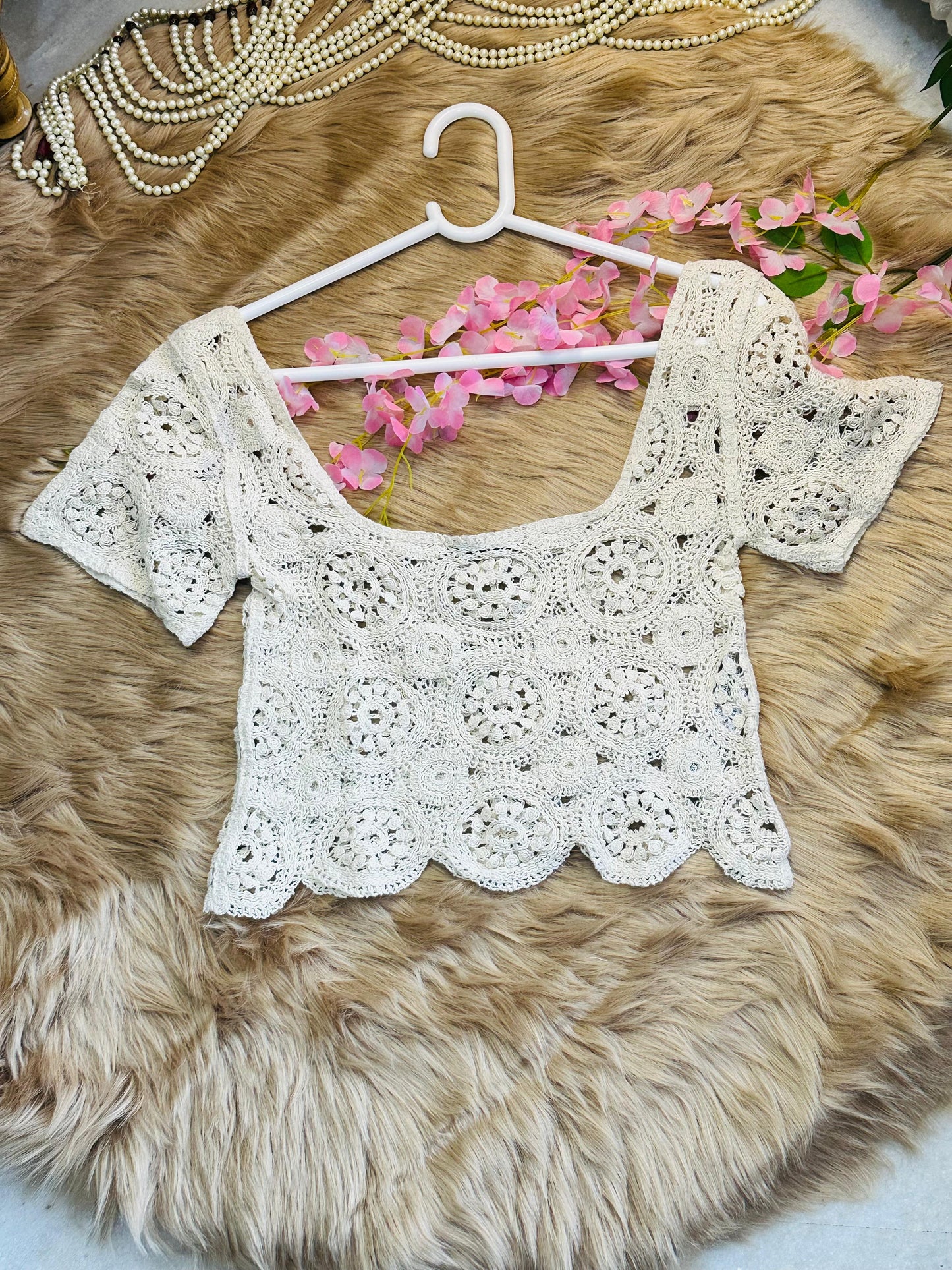 Crochet All Day Cream Mandala Mesh Cutwork Half Sleeve Top