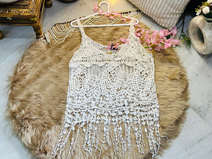 Crochet All Day Off White Ruffled Tunic Top