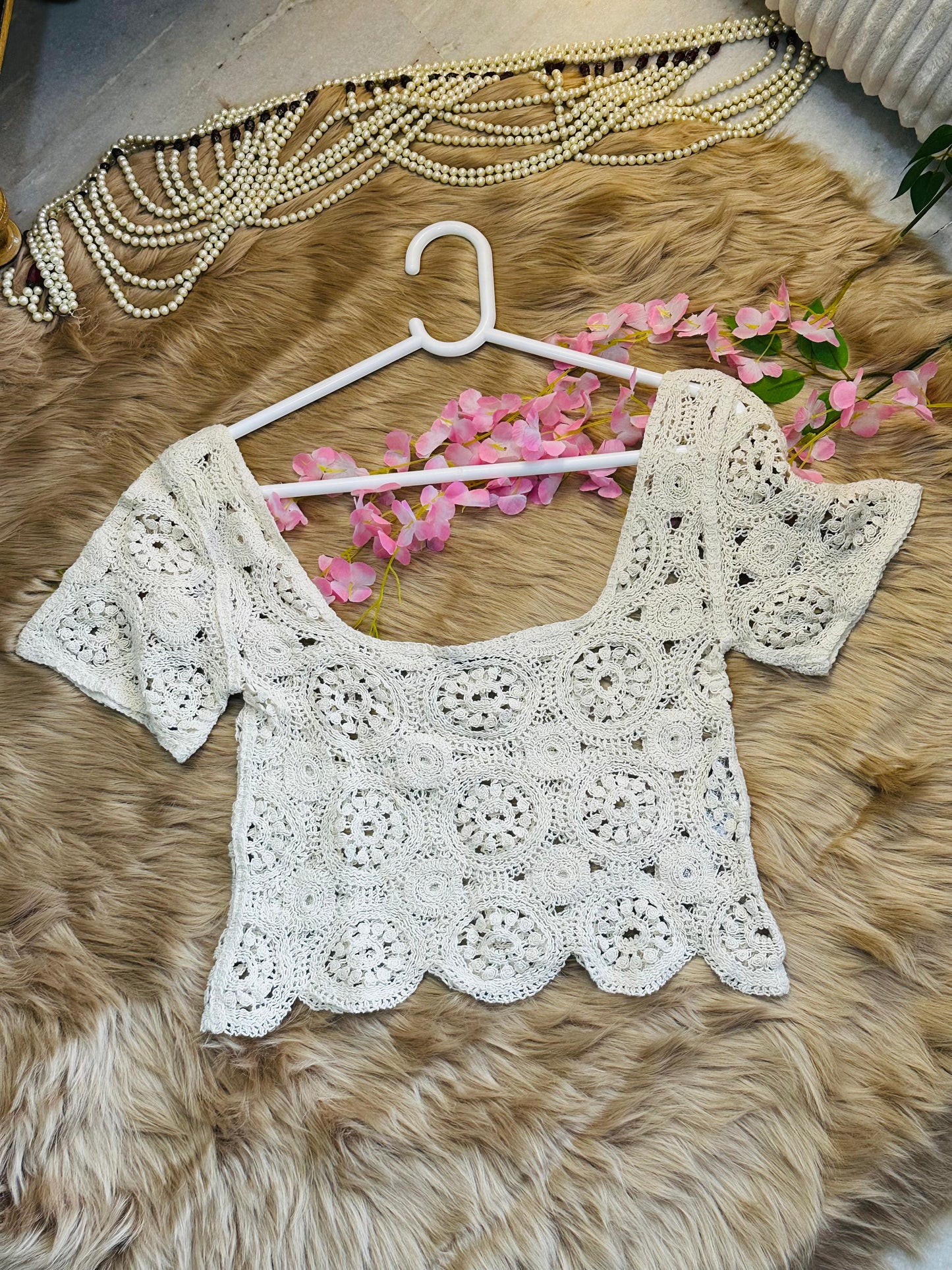 Crochet All Day Cream Mandala Mesh Cutwork Half Sleeve Top