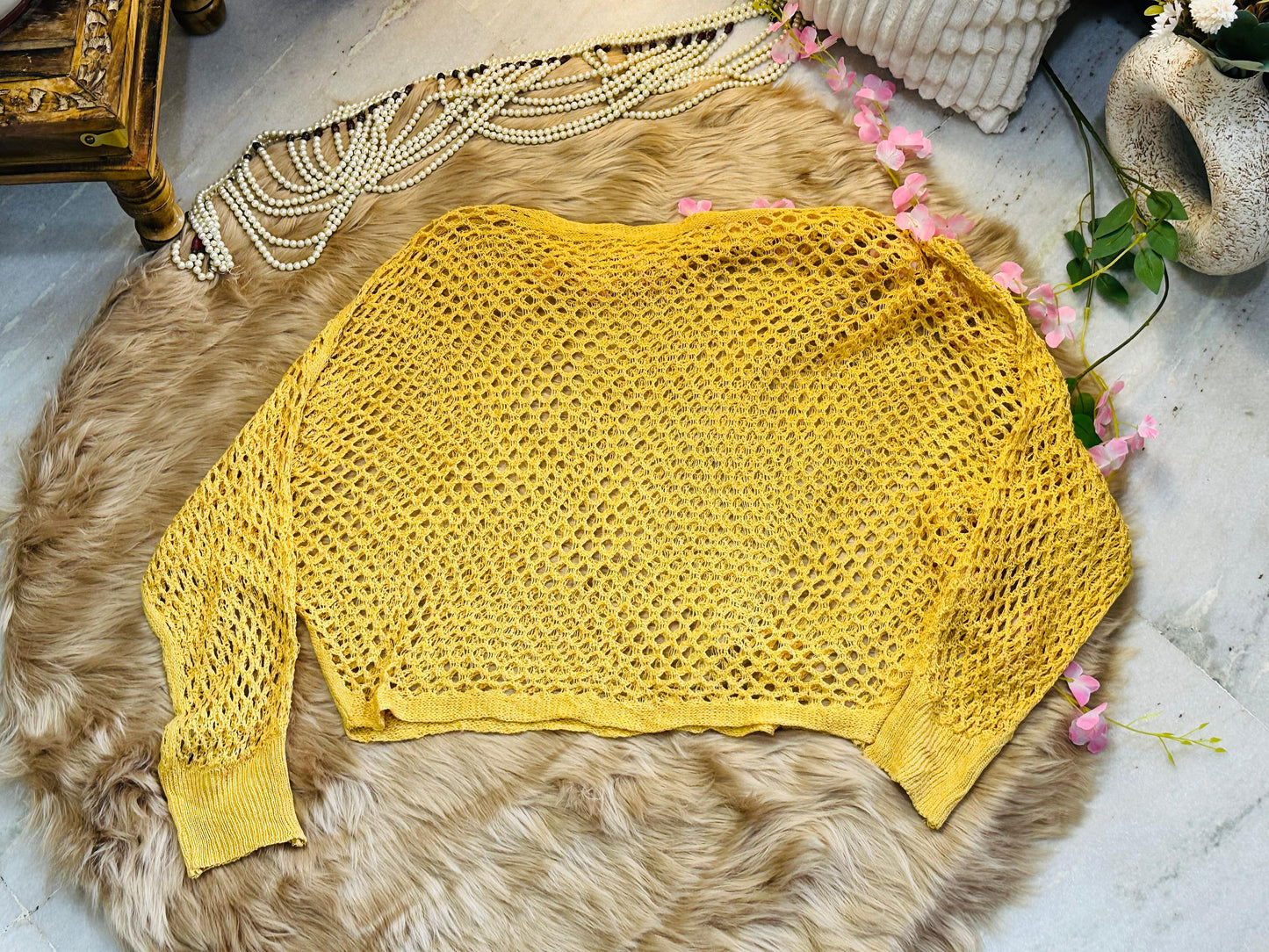 Crochet All Day Mustard Mesh Design Full Sleeve Top