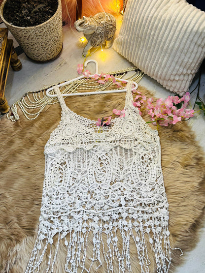 Crochet All Day Off White Ruffled Tunic Top