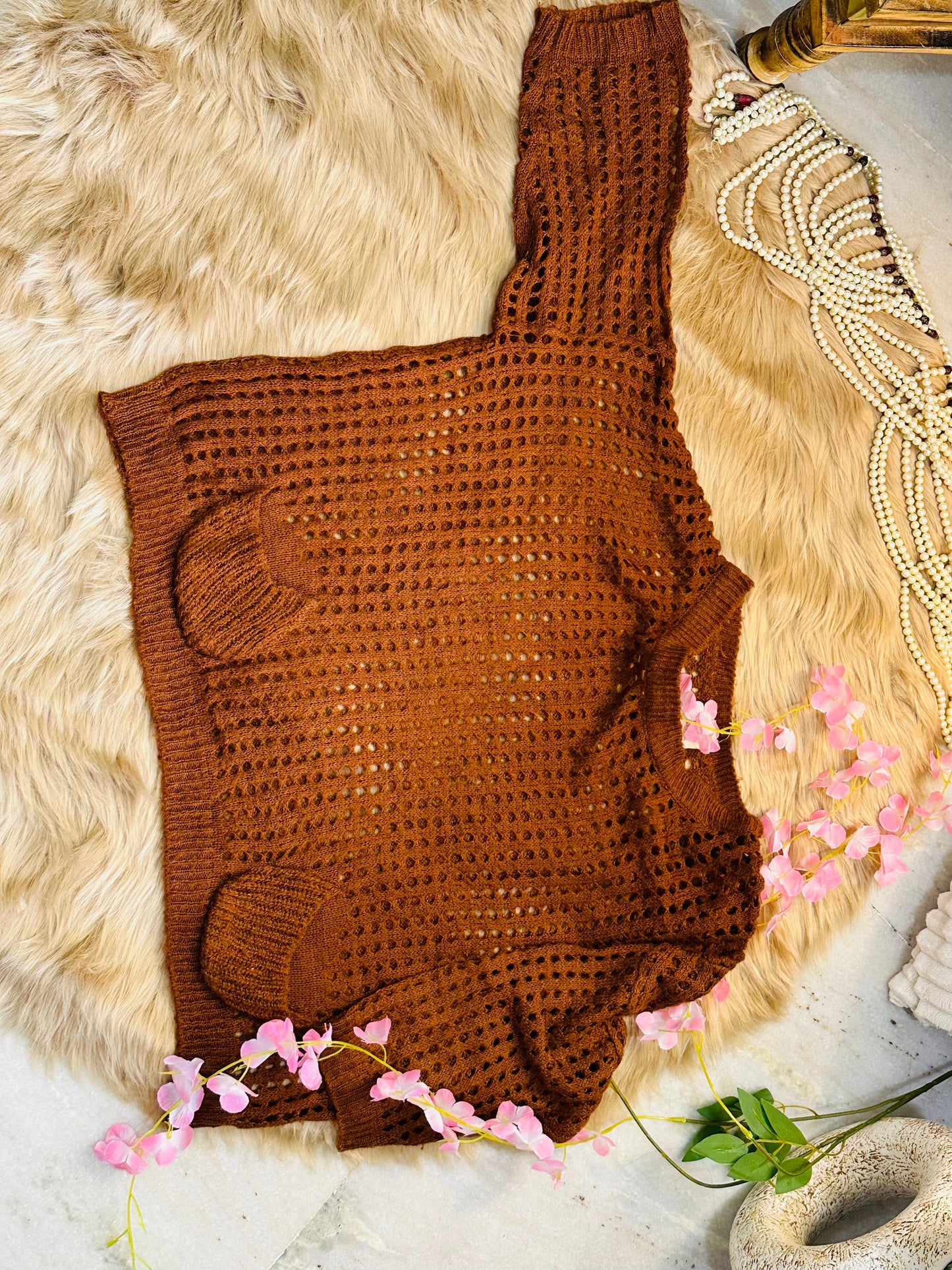 Crochet All Day Brown Round Design Elbow Sleeve Top