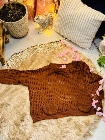 Crochet All Day Brown Round Design Elbow Sleeve Top