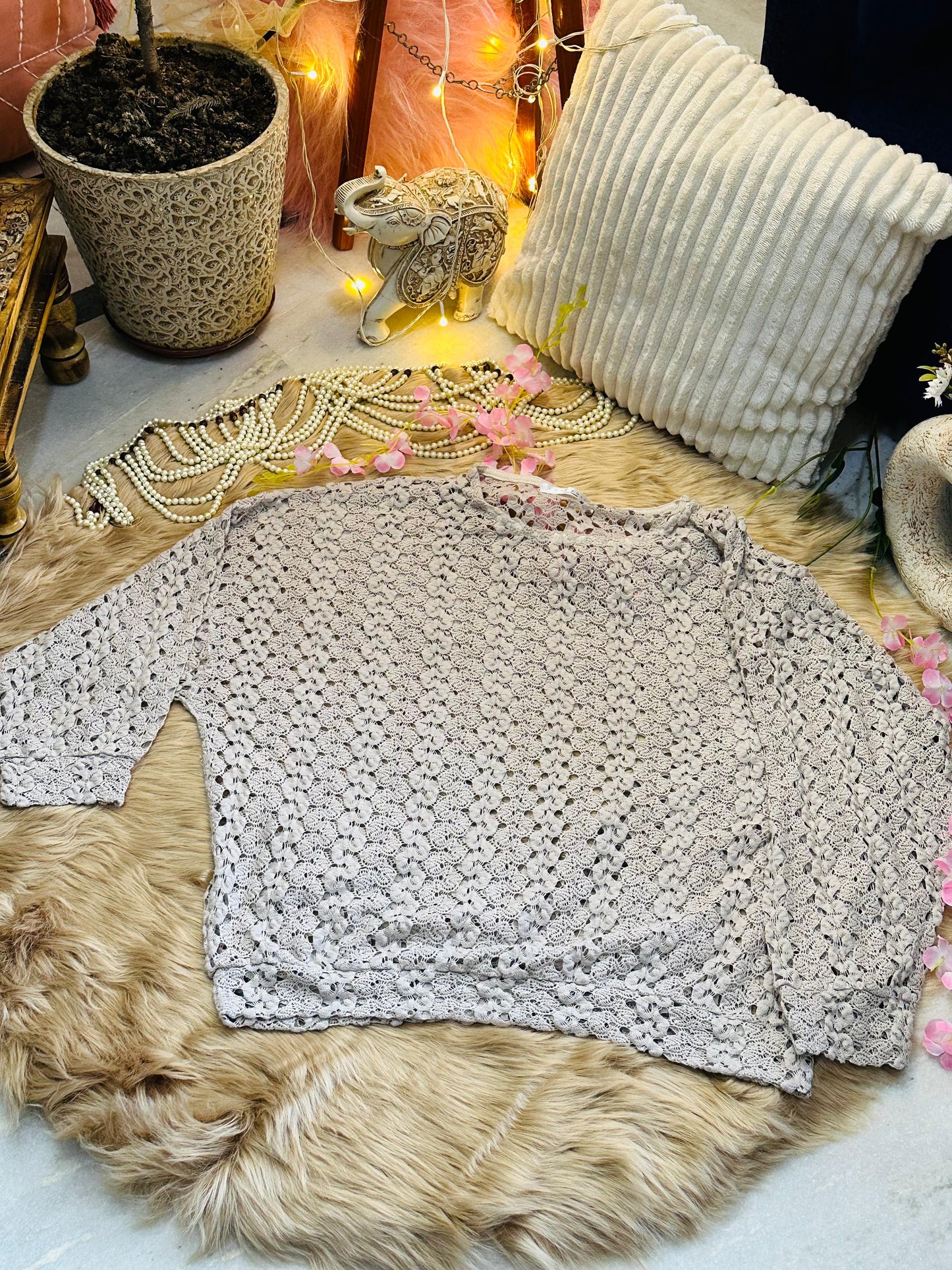 Crochet All Day Beige Designer Full Sleeve Top