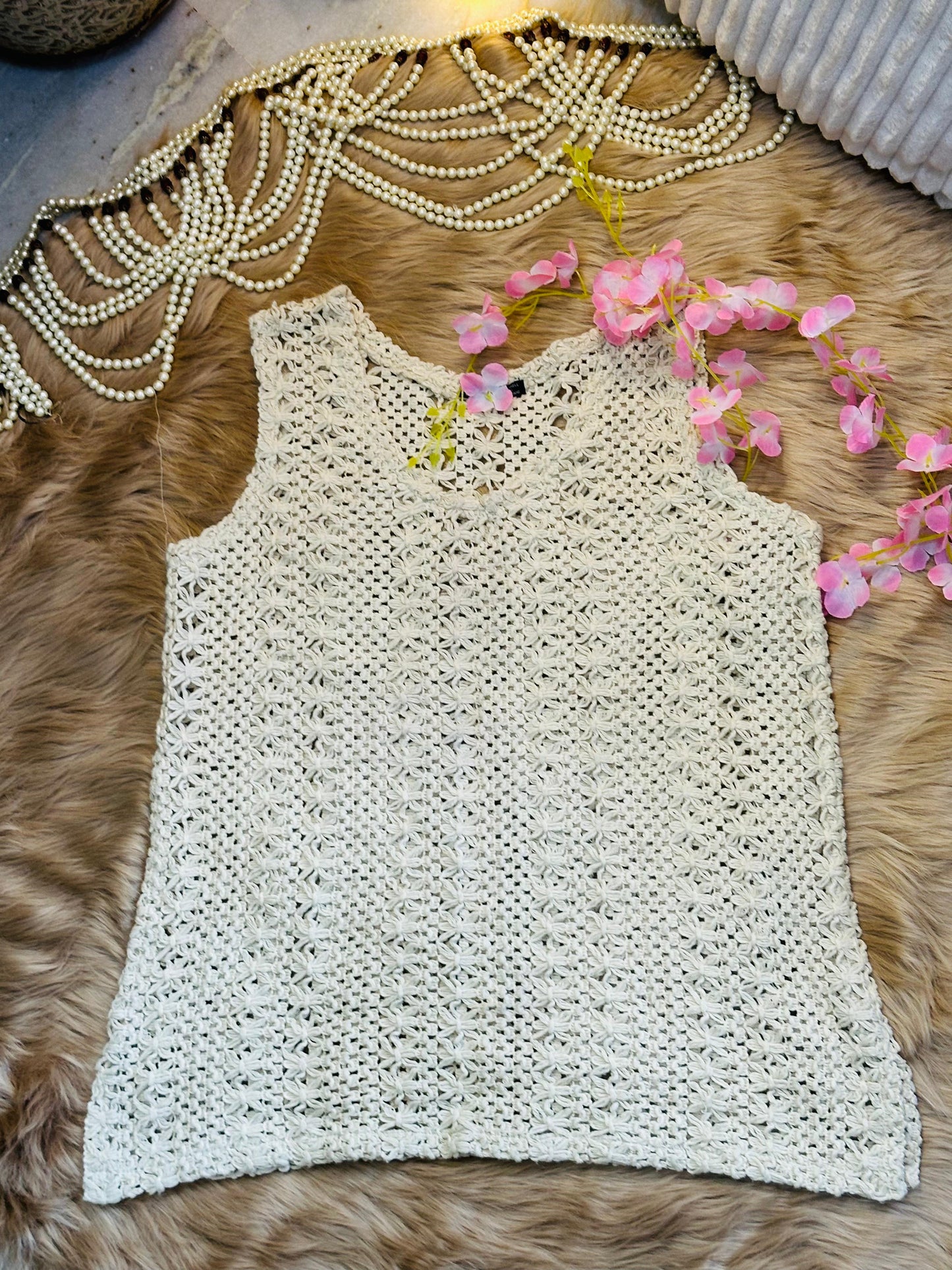 Crochet All Day Beige Flower Design Sleeveless Long Top