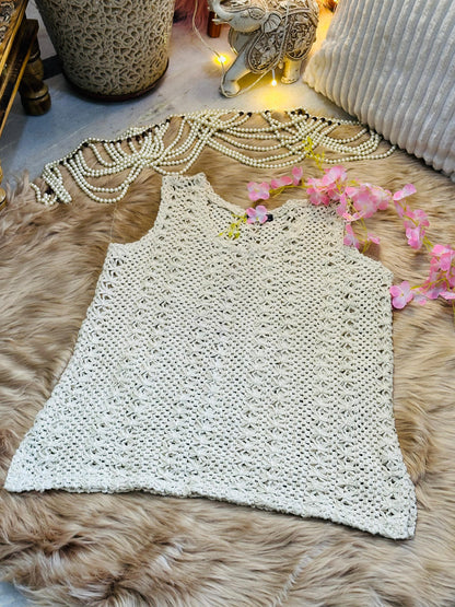 Crochet All Day Beige Flower Design Sleeveless Long Top