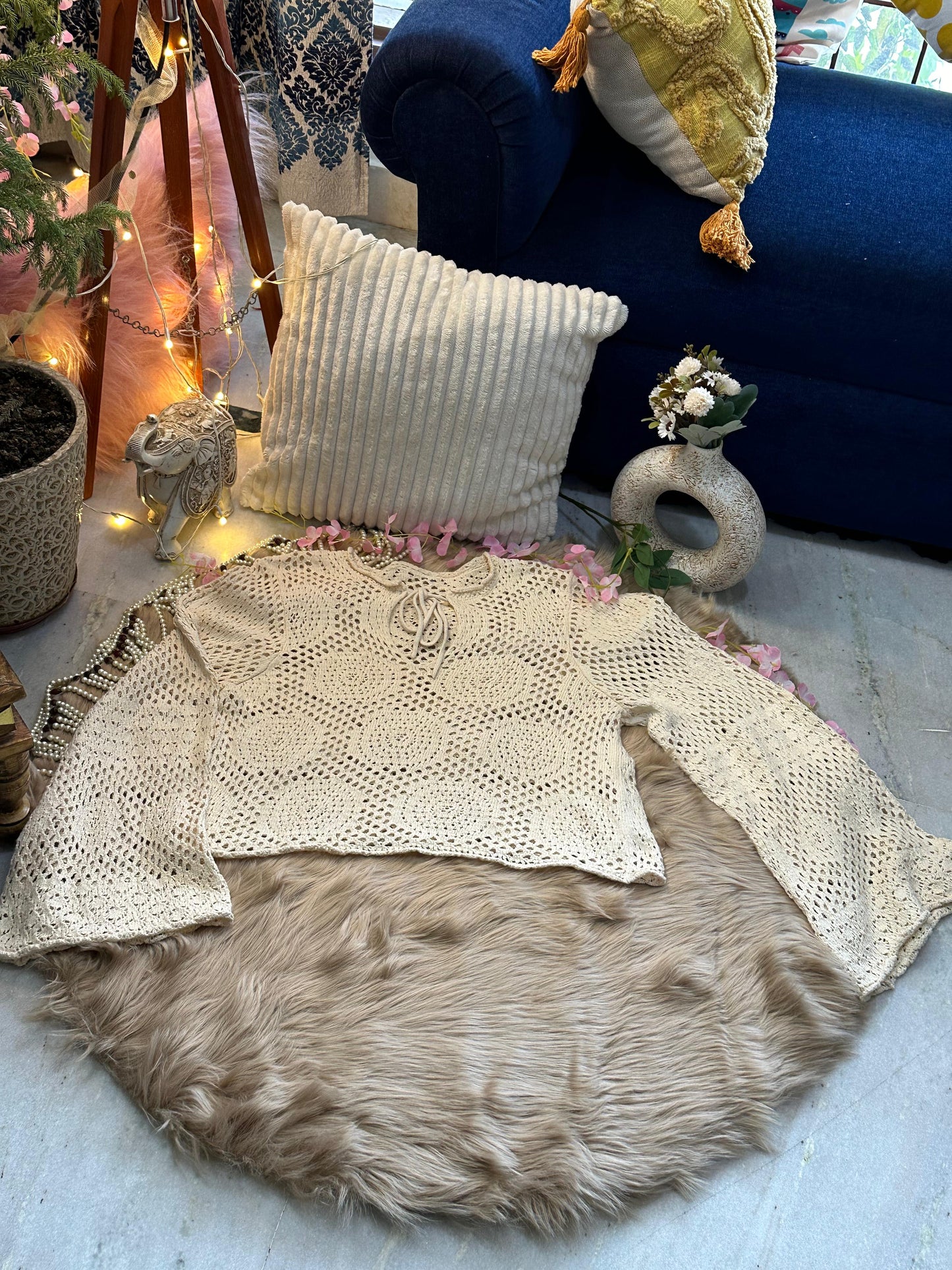 Crochet All Day Cream Designer Bell Sleeve Pre Winter Top