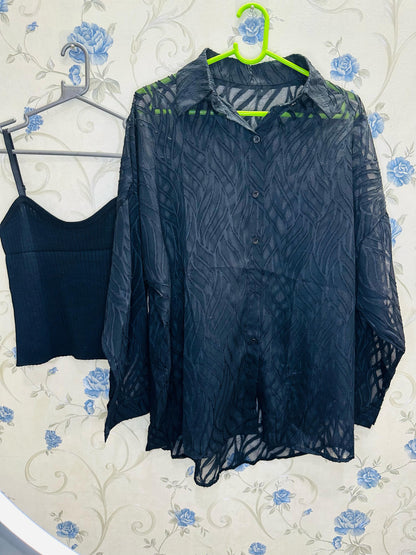 Chiknkari Ruffled Shadow work Organza Loose Shirt