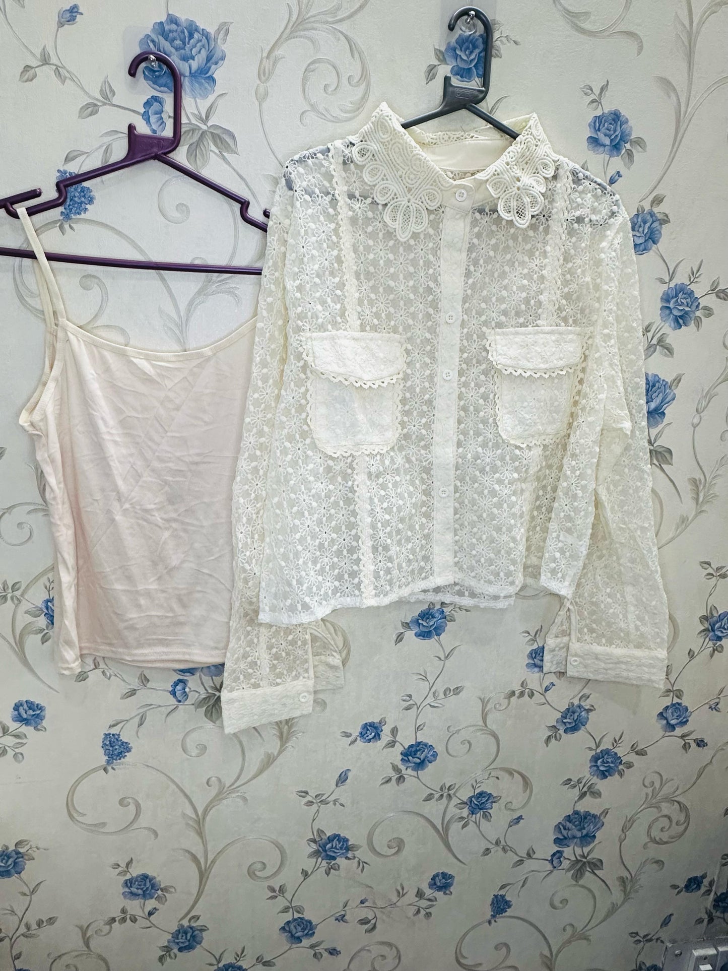 Flower Chikankari Lace Sciffli Embroidered Crop Shirt with Pockets with Inner