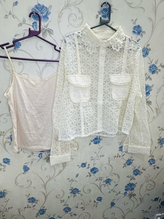 Flower Chikankari Lace Sciffli Embroidered Crop Shirt with Pockets with Inner