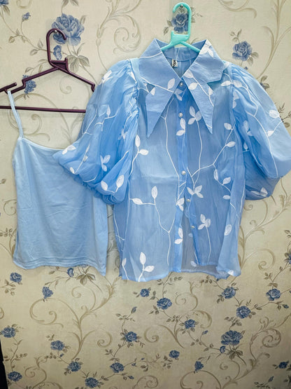 Georgette Leaf Embroidered Extra Puffy Half Sleeve Shirt with Inner