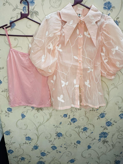 Georgette Leaf Embroidered Extra Puffy Half Sleeve Shirt with Inner