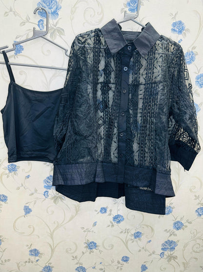 Vertical Leaf Embroidered Transy Umbrella Shirt with Inner