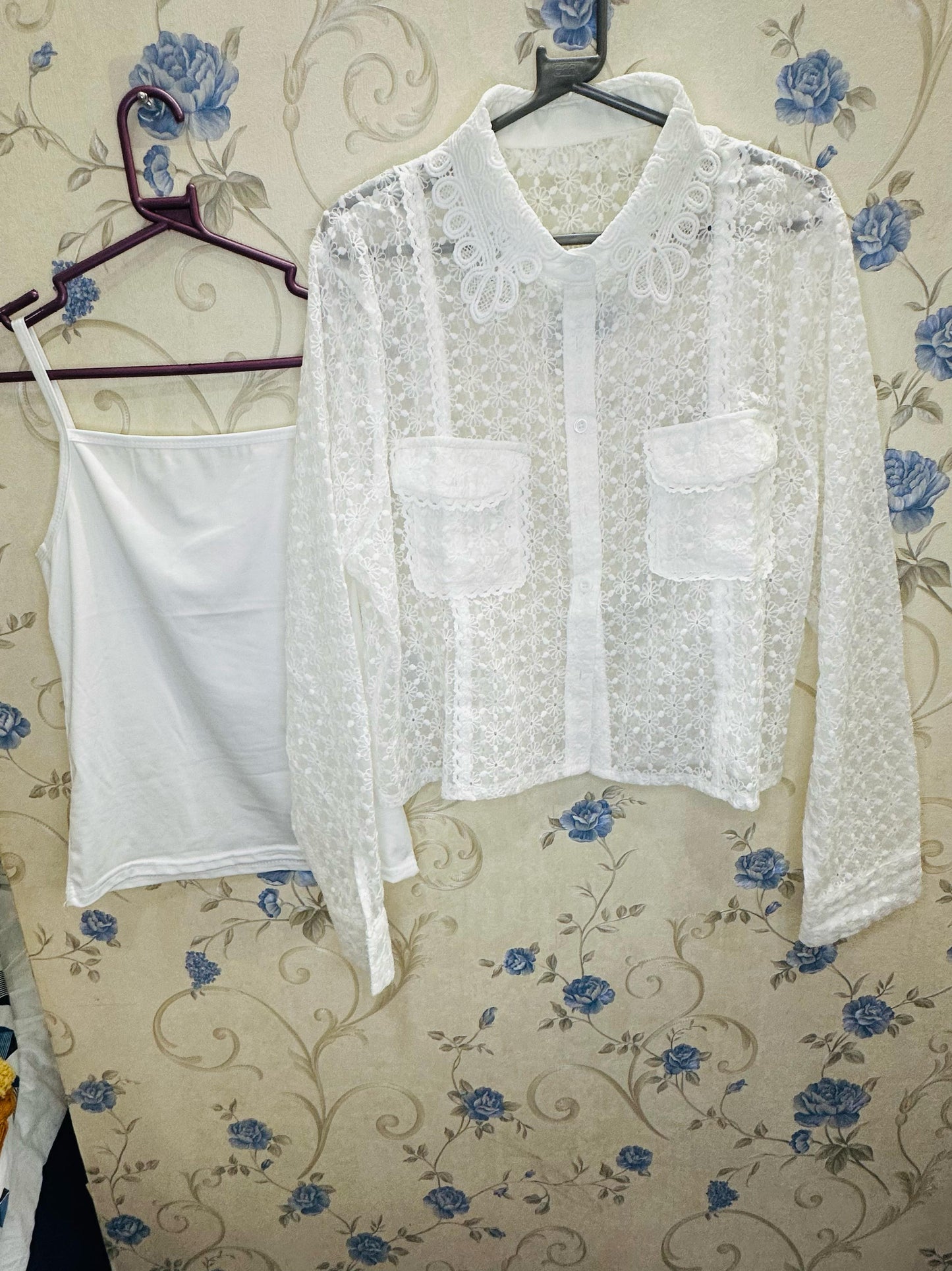Flower Chikankari Lace Sciffli Embroidered Crop Shirt with Pockets with Inner