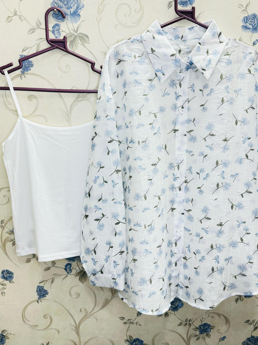 Leaf Design Full Sleeve Organza Loose Shirt with Inner