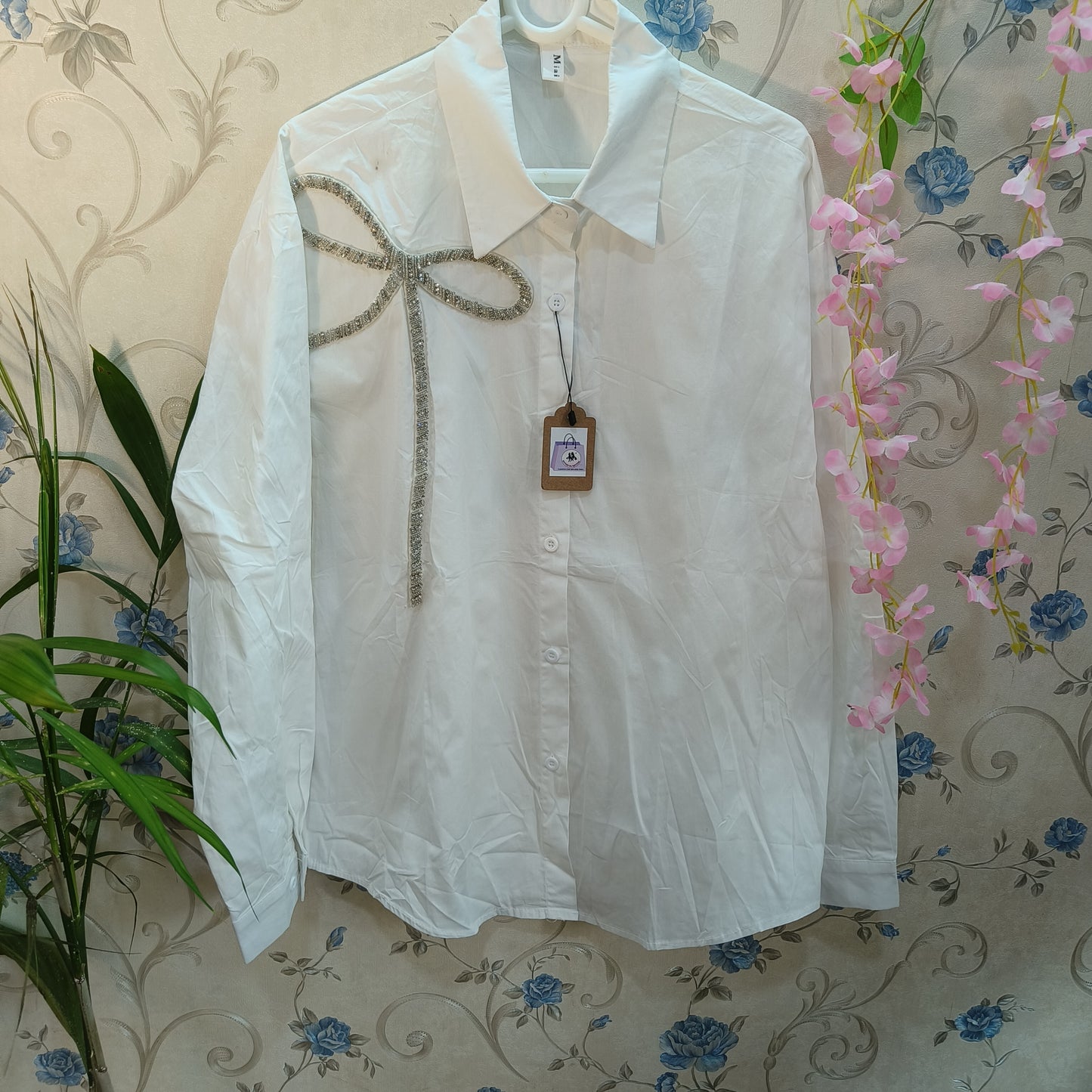 Single Bow Stone Work Designer Shirt