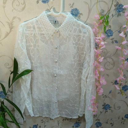 Pearl Collar Designer Chikankari Organza Shirt