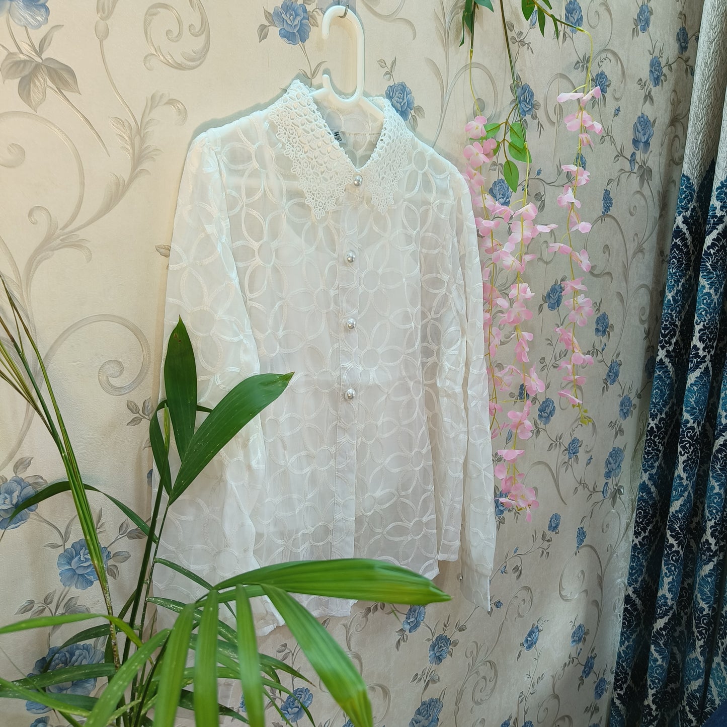 Pearl Collar Designer Chikankari Organza Shirt