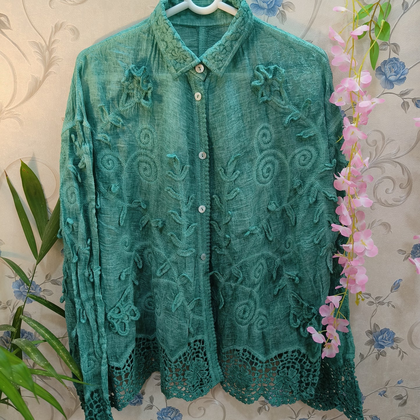 Linen Chikankari Crochet Work Embroidered Shirt