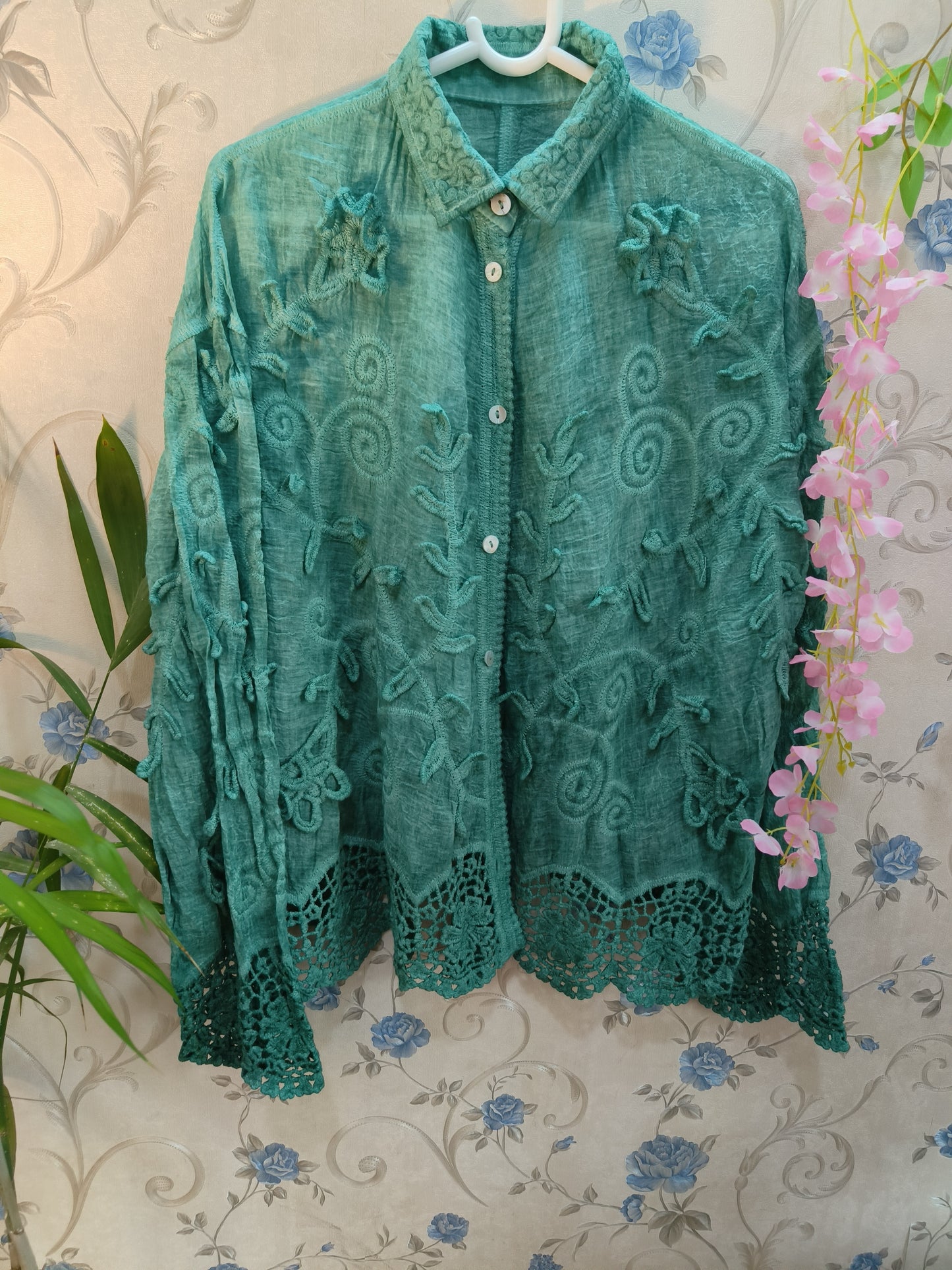 Linen Chikankari Crochet Work Embroidered Shirt