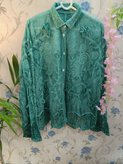 Linen Chikankari Crochet Work Embroidered Shirt