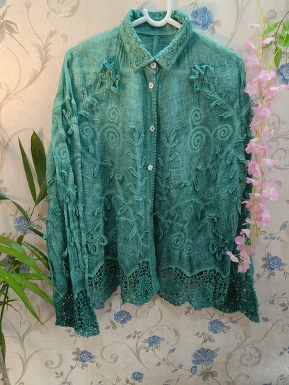 Linen Chikankari Crochet Work Embroidered Shirt