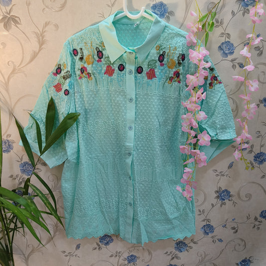 Sea Blue Threadwork stitch embroidery Long Shirt