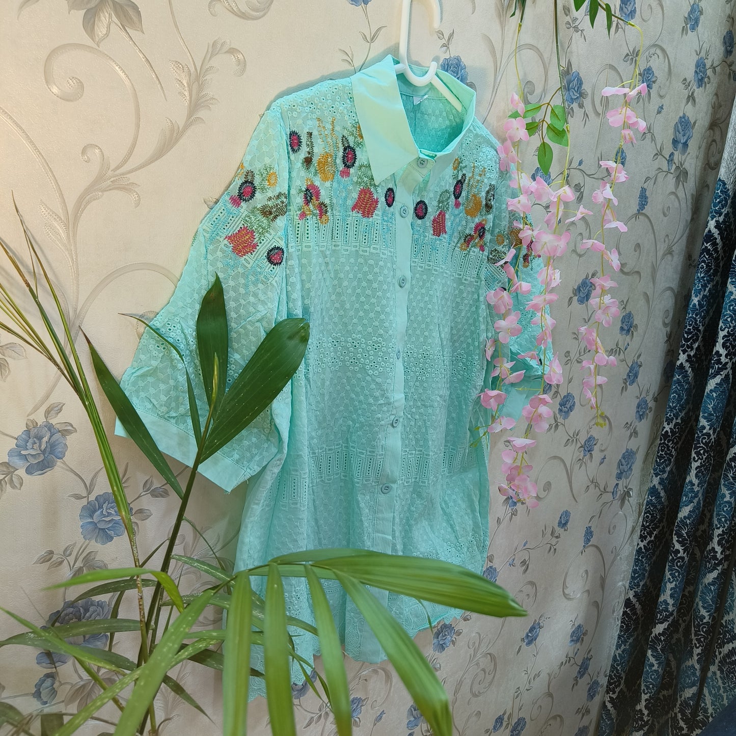 Sea Blue Threadwork stitch embroidery Long Shirt