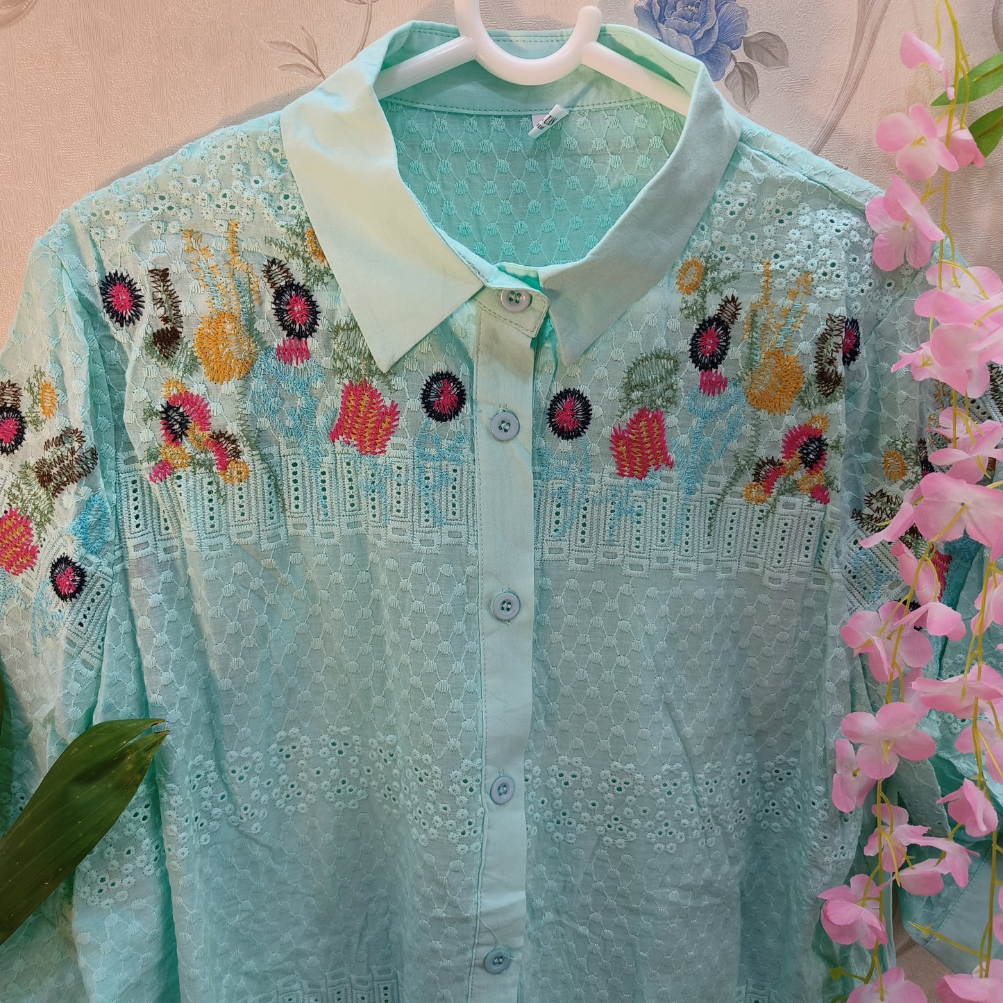 Sea Blue Threadwork stitch embroidery Long Shirt