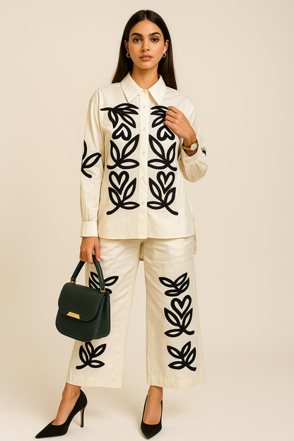 Crochet embroidered Shiny cotton Co-ord Set