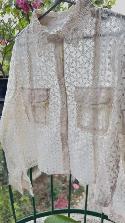 Flower Chikankari Lace Sciffli Embroidered Crop Shirt with Pockets with Inner