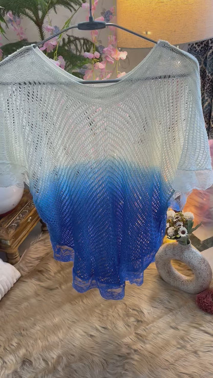 Crochet All Day Gradient Blue Butterfly Frill Poncho Top