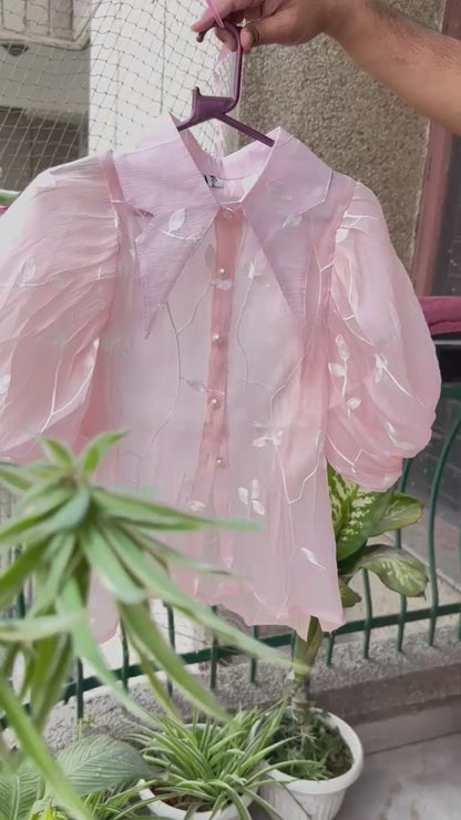 Georgette Leaf Embroidered Extra Puffy Half Sleeve Shirt with Inner