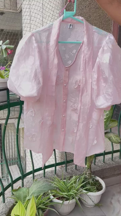 Bowtie Flower Pearl Embroidered Half Sleeve Puff Top with Inner