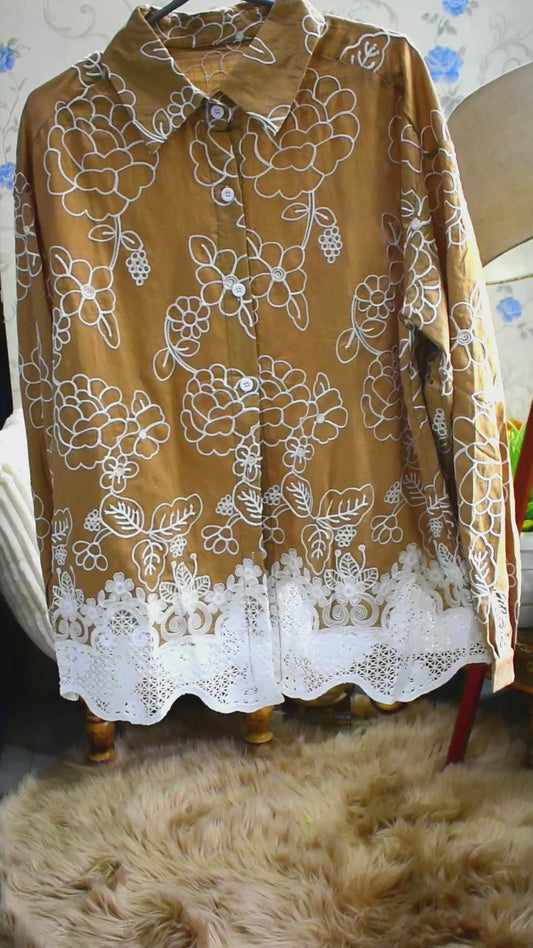 Flower Mesh Embroidered Glaze Cotton Cutwork Shirt
